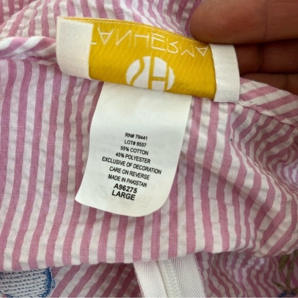 STAN HERMAN Pink White Stripe House Dress Robe Seersucker Embroidered Size Large - Picture 7 of 10